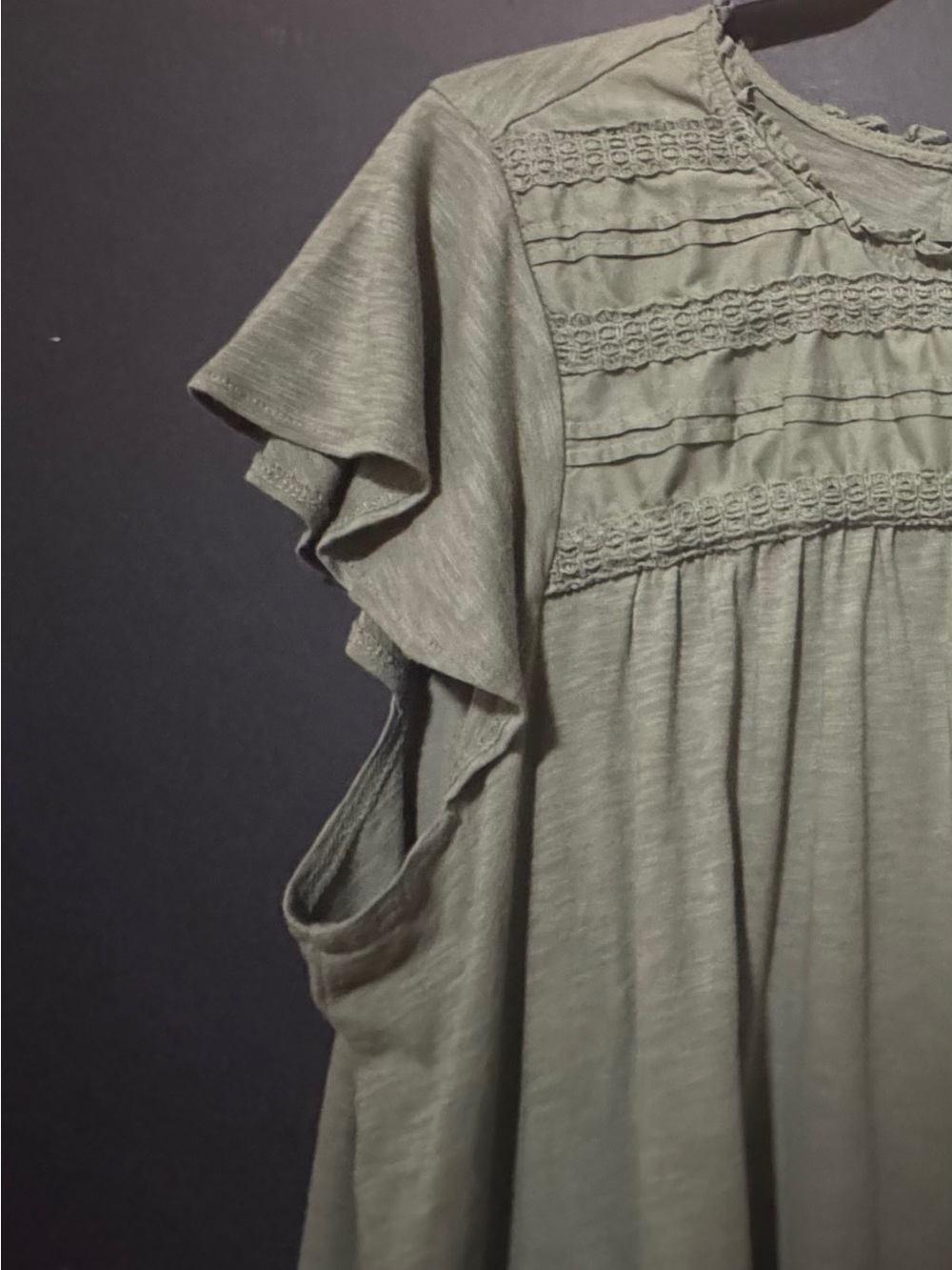 Ella Moss Beautiful Sage Green Crochet Yoke Flutter Sleeve Top cottagecore
